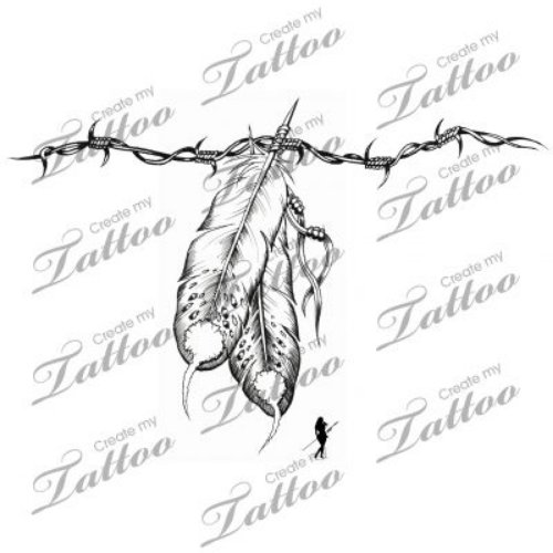 Grey Ink Feathers and Barbed Wire Tattoo Design